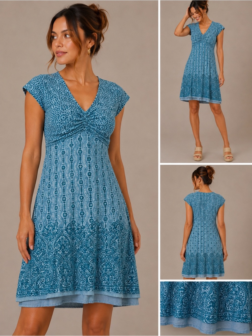 ATHLETA -DHARA Blue Paisley Patterned Yoga Athleisure Comfy Cotton Midi Dress XS